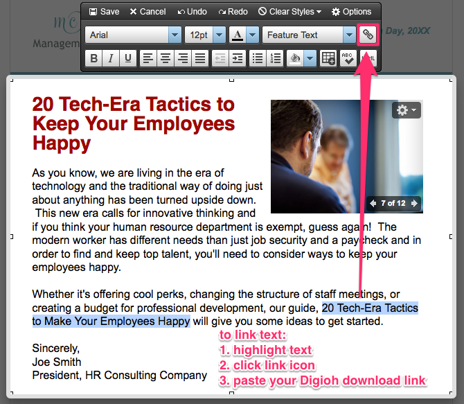 Insert the Digioh download link in the editor
