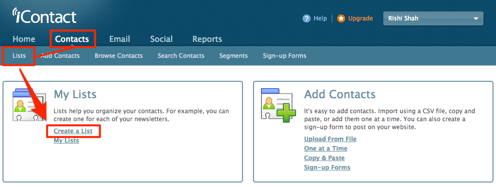Create a new iContact list