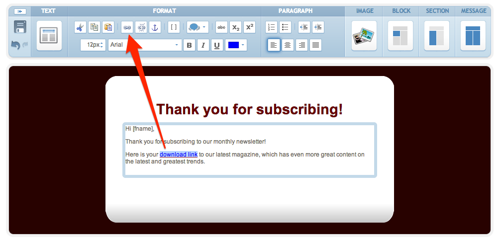 Insert Digioh link into iContact welcome message