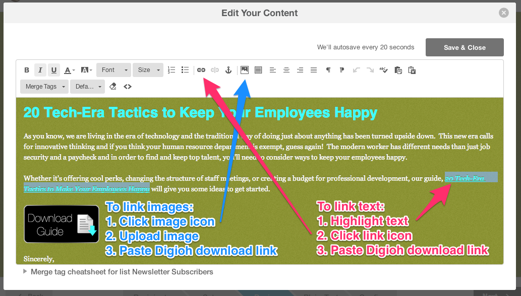 Insert the Digioh download link in the MailChimp editor