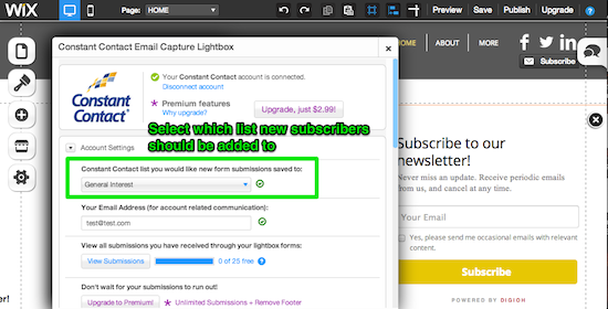 Select which Constant Contact list to build with your new Lightbox submissions