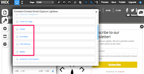 Wix lightbox advanced settings options