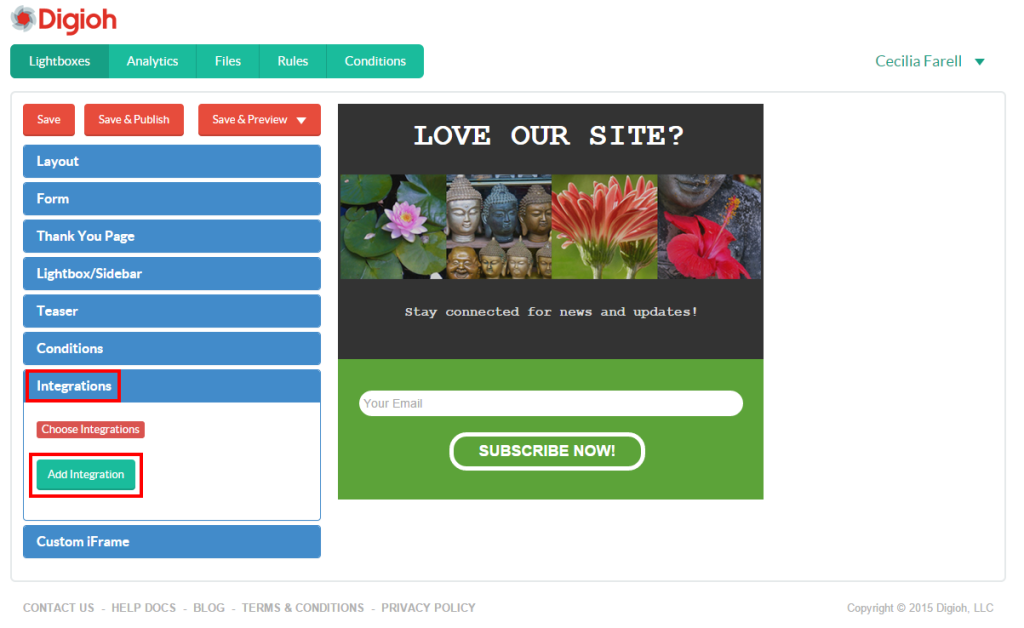 Digioh Lightboxes | Editor | Add Integration to Lightbox