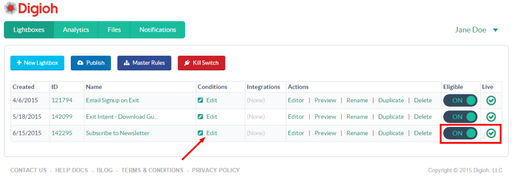A condition has been added to your Digioh lightbox and it is on and live